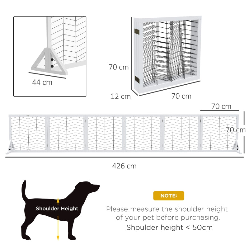 PawHut 6 Panels Pet Gate, Wooden Foldable Dog Barrier w 2PCS Support Feet, for Small Medium Dogs - White