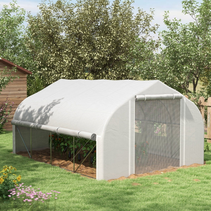 Outsunny 4 x 3(m) Walk-in Polytunnel Greenhouse, Zipped Roll Up Sidewalls, Mesh Door, 8 Mesh Windows, Tunnel Warm House Tent with PE Cover, Complimentary Plant Labels and Gloves, White