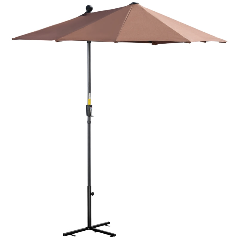 Outsunny 2m Half Parasol Market Umbrella Garden Balcony Parasol with Crank Handle, Base, Double-Sided Canopy, Coffee