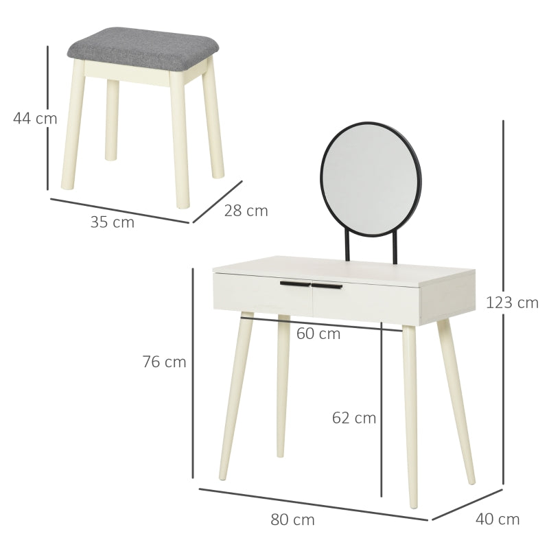 HOMCOM Dressing Table Set with Round Mirror Vanity Table Set w/ Makeup Desk, Cushioned Stool, 2 Drawers for Jewelry Storage, White