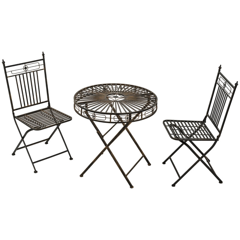 Outsunny 3 Piece Garden Outdoor Bistro Set with 2 Folding Chairs and 1 Folding Round Table, Metal Frame for Lawn, Backyard and Porch, Bronze