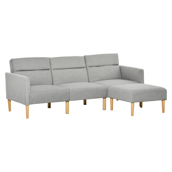 HOMCOM L Shape Sofa Bed Set, Linen Fabric Corner Sofa Bed with Rubber Wood Legs and Footstool, Light Grey