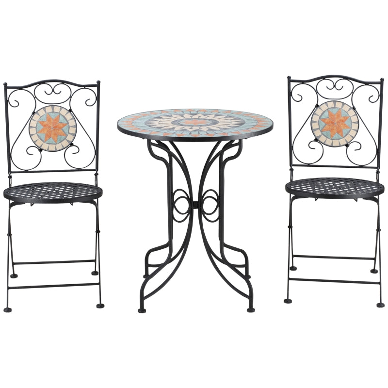 Outsunny 3 Piece Garden Bistro Set, Folding Patio Chairs and Mosaic Round Tabletop for Outdoor, Metal, Balcony, Poolside, Light Blue