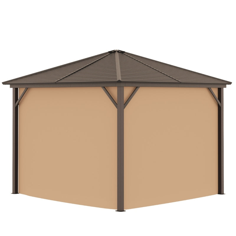 Outsunny 3 x 3 Meters Patio Aluminium Gazebo Hardtop Metal Roof Canopy Party Tent Garden Outdoor Shelter with Mesh Curtains & Side Walls - Brown