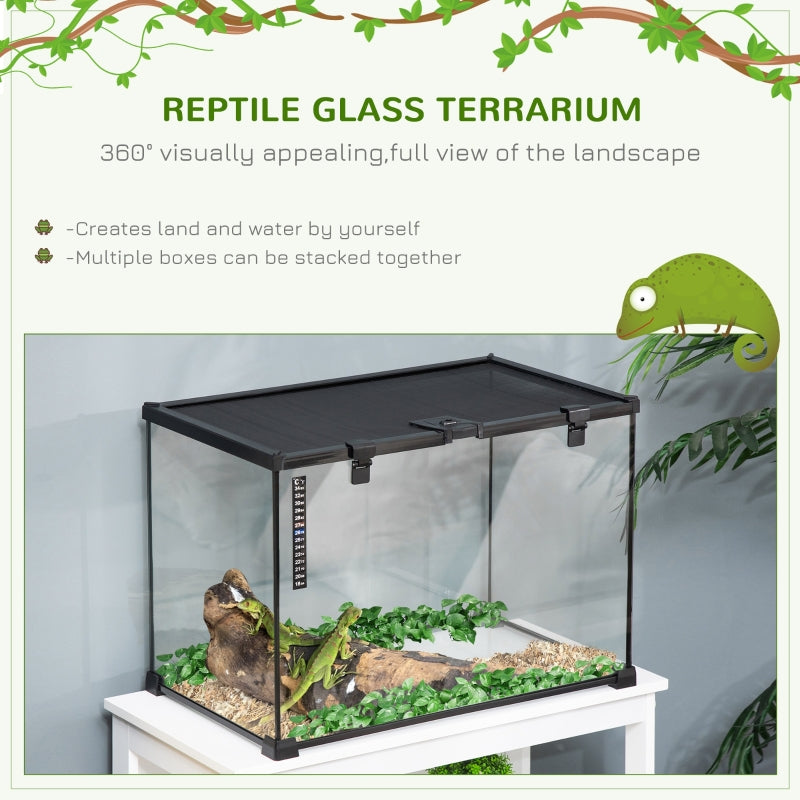 PawHut 50 x 30 x 35 cm Reptile Glass Terrarium, Reptile Breeding Tank, Climbing pet Glass Containers, Arboreal Box, with Strip Patch Thermometer-Black