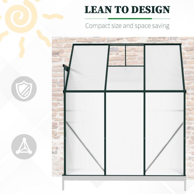 Outsunny Walk-In Lean to Greenhouse Garden Heavy Duty Aluminium Polycarbonate with Roof Vent for Plants Herbs Vegetables, Green, 192 x 127 x 220 cm