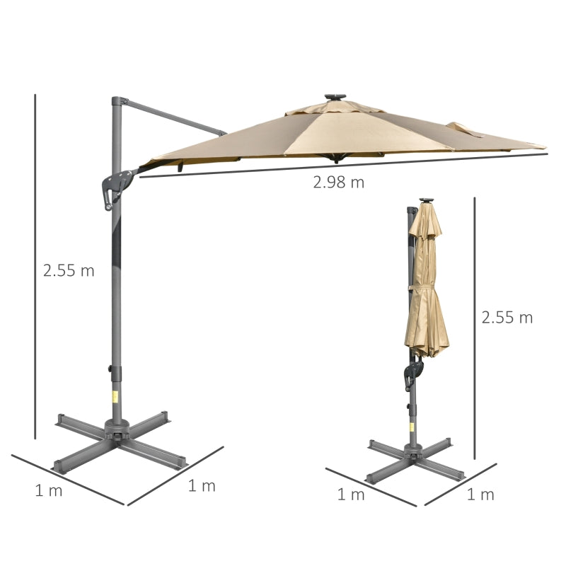 Outsunny 3m Square Outdoor Umbrella Adjustable Garden Sun Umbrella with LED Solar Light Cross Base Rotating Outdoor- Khaki