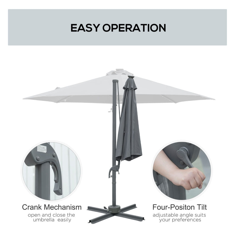 Outsunny 3(m) Square Outdoor Umbrella Patio Sun Umbrella with Crank & Tilt LED Solar Light Cross Base 360° Rotating Outdoor, Dark Grey