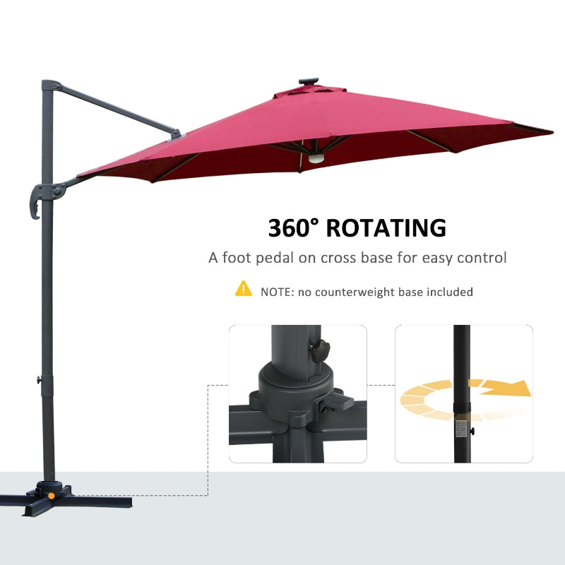 Outsunny 3(m) Cantilever Roma Parasol Adjustable Garden Sun Umbrella with LED Solar Light Cross Base 360° Rotating, Red