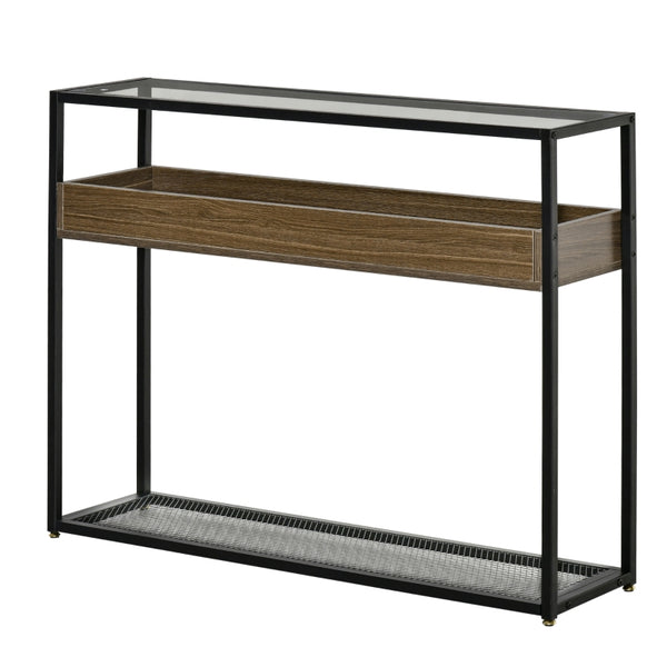 HOMCOM Industrial Style Console Table Sofa Table with Tempered Glass Top and Steel Frame for Living Room Hallway Entrance