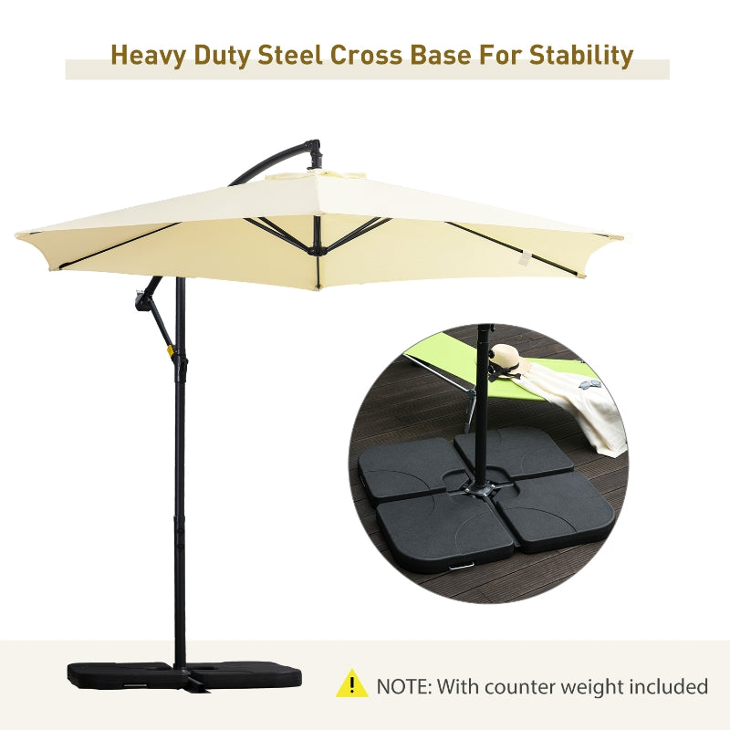 Outsunny 3(m) Garden Banana Parasol Cantilever Umbrella with Crank Handle, Cross Base, Weights and Cover for Outdoor, Hanging Sun Shade, Beige