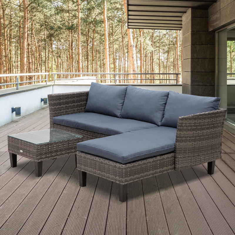 Outsunny 4-Seater Garden Sofa PE Rattan Set w/ 2 Seats Square Glass Top Coffee Table Thick Cushions Solid Legs Metal Frame Patio L Corner Shape, Grey