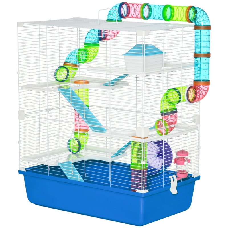 PawHut Large Hamster Cage, 5-Level Gerbil Haven, Small Rodent House, Tunnel Tube System, with Water Bottle, Exercise Wheel, Ramps, 59x36x 69 cm Blue