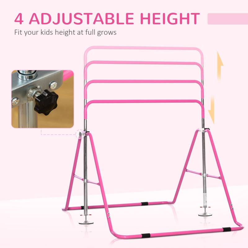 HOMCOM Gymnastics Bar for Kids, Folding Horizontal Bars with Adjustable Height, Training Bar with Triangle Base, Pink