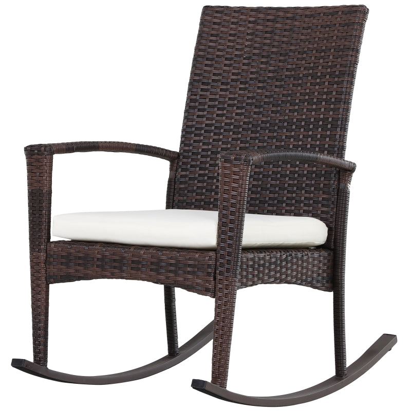 Outsunny Rattan Rocking Chair Rocker Garden Furniture Seater Patio Bistro Relaxer Outdoor Wicker Weave with Cushion - Brown