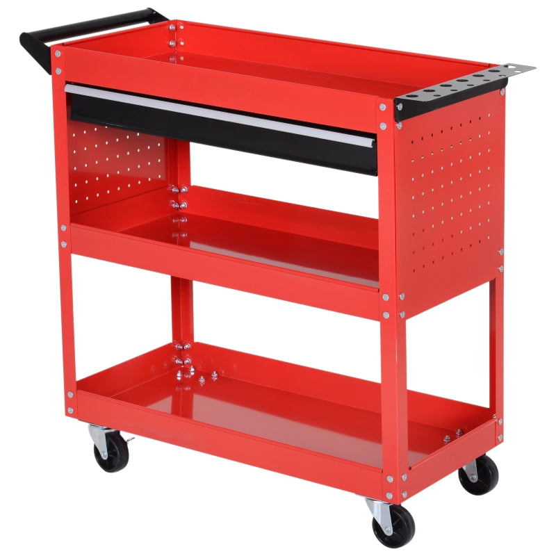 DURHAND 3-Tier Tool Trolley Cart Storage Shelf Roller Cabinet DIY Box Garage Workshop with Drawer Red