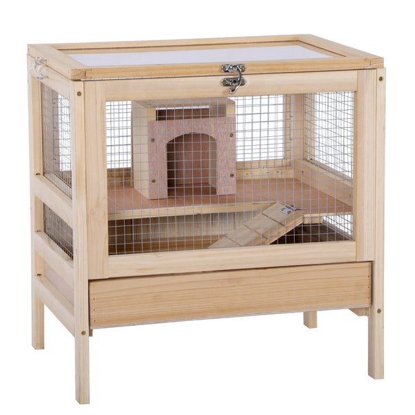 PawHut Hamster Cage Rodent Mouse Pet Small Animal Kit Large Wooden hut Box Double Layers Easy Clean 46 x 34 x 48 cm