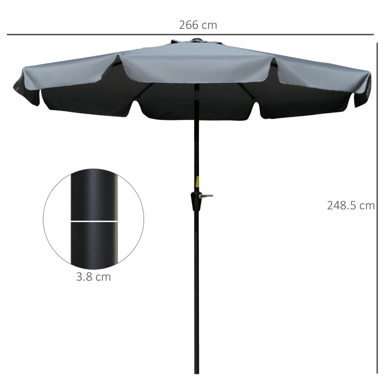 Outsunny 2.66m Patio Umbrella Garden Parasol Outdoor Sun Shade Table Umbrella with Ruffles, 8 Sturdy Ribs, Charcoal Grey