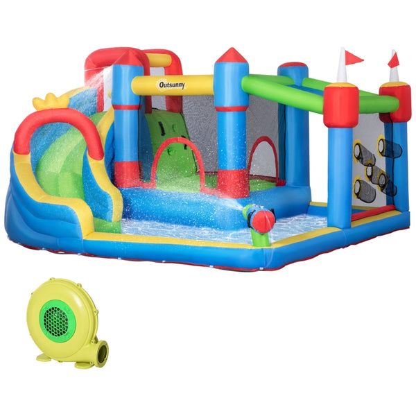 Outsunny 5 in 1 Kids Bounce Castle Large Castle Style Inflatable House Slide Trampoline Pool Water Gun Climbing Wall for Kids Age 3-8