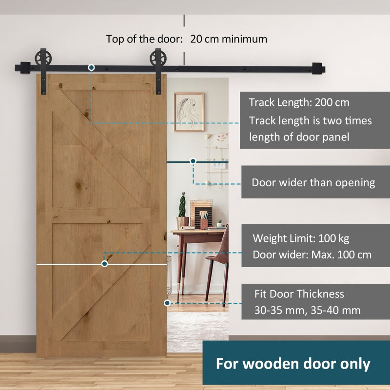 HOMCOM 6.6 FT/ 2000mm Carbon Steel Sliding Barn Door Kits Hardware Closet Set Track System for Single Wooden Door Industrial Wheel Style Roller