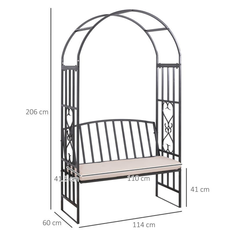 Outsunny Garden Metal Arch Bench, Outdoor Furniture Chair with Cushion Outdoor Patio Rose Trellis Arbour Pergola, for Climbing Plant 114x 60 x 206 cm