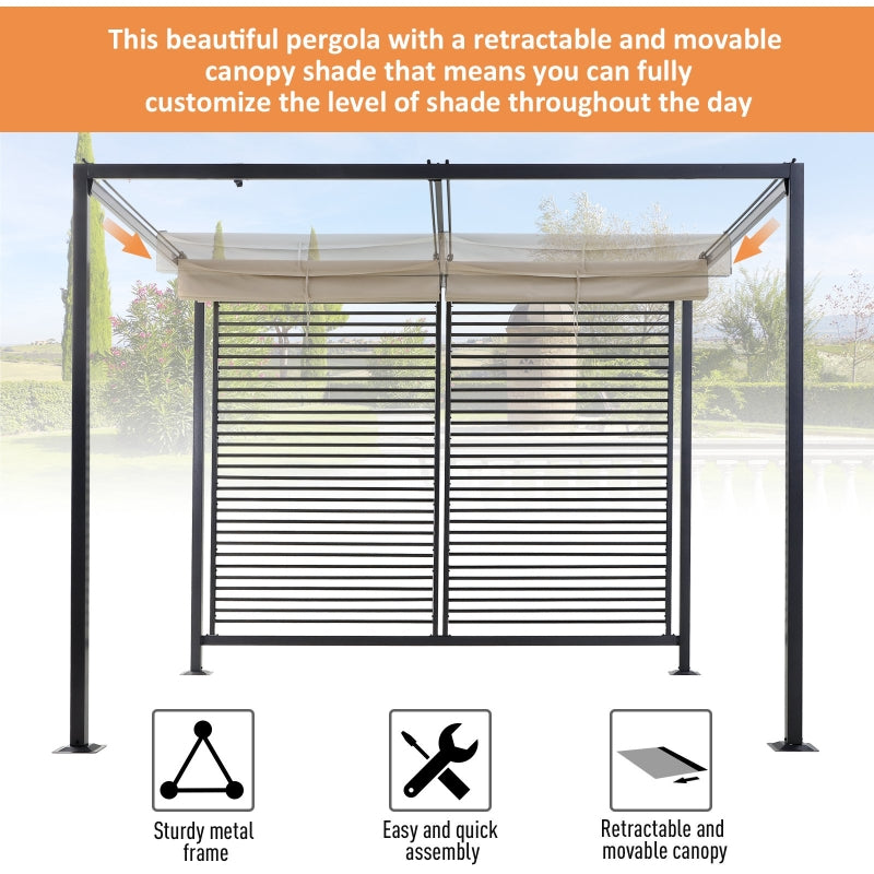 Outsunny 2.8m x 3m Retractable Metal Frame Outdoor Garden Pergola Beige