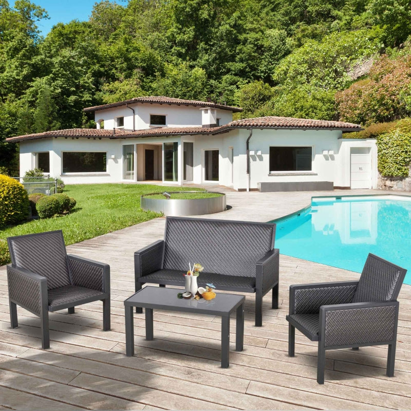 Outsunny 4-Seater Aluminum PE Rattan Wicker Sofa Set Outdoor Conservatory Furniture Lawn Patio Coffee Table, Deep Grey