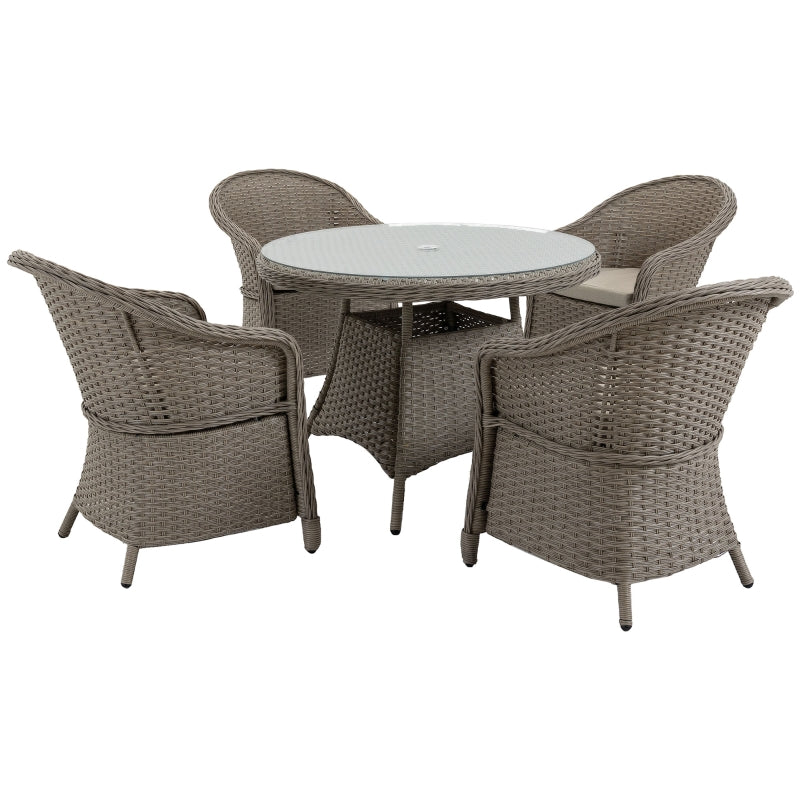 Outsunny 5 Pieces Outdoor Patio PE Rattan Dining Set, Four Seater Garden Furniture - 4 Chairs & Round Table w/ Umbrella Hole, Mixed Grey