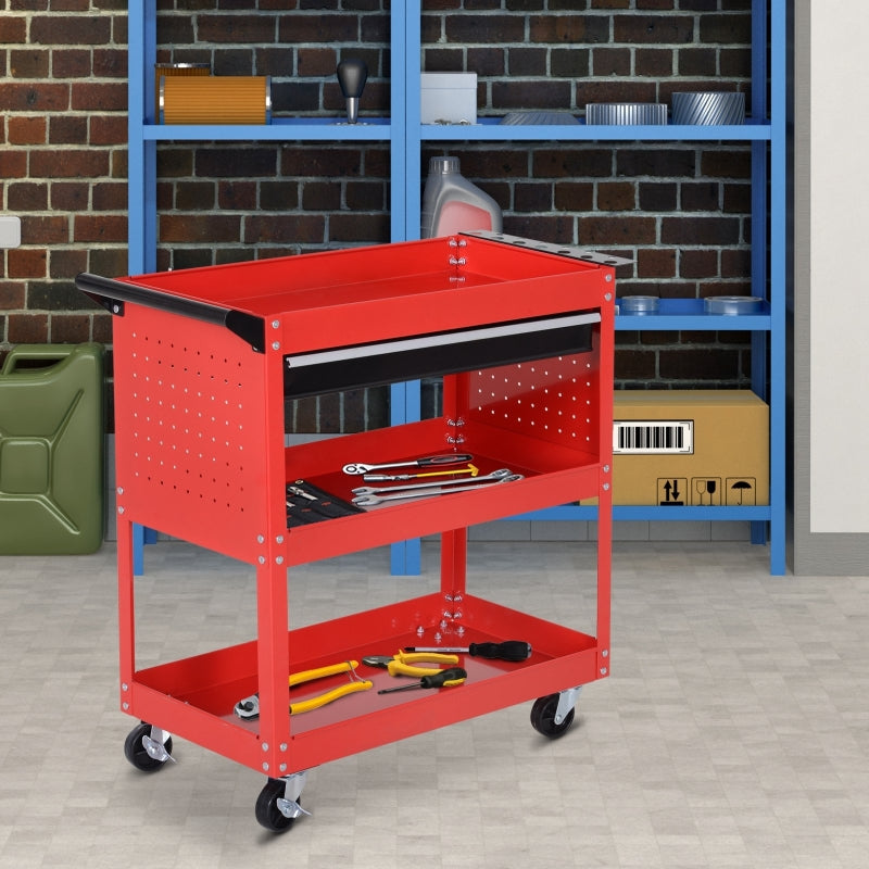 DURHAND 3-Tier Tool Trolley Cart Storage Shelf Roller Cabinet DIY Box Garage Workshop with Drawer Red