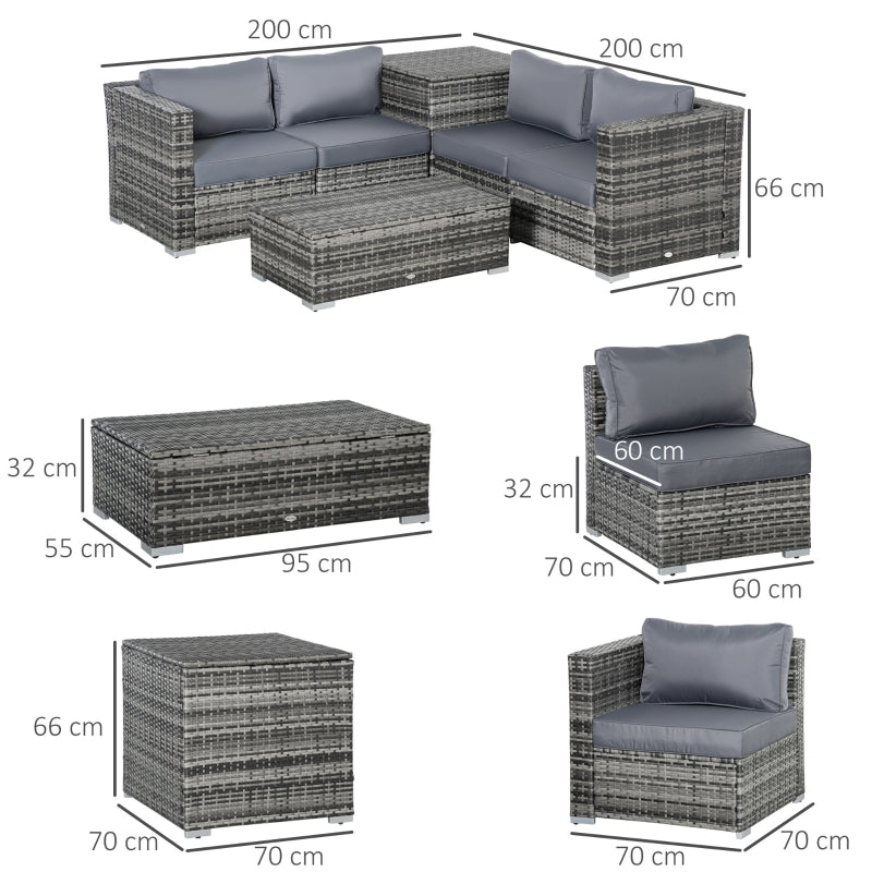 Outsunny 6PC Rattan Corner Sofa Set Wicker 4 Seater Garden Storage Coffee Table Conversation Ottoman Outdoor Weave Furniture w/ Cushion Grey