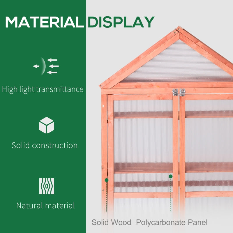 Outsunny 3-Tier Wooden Cold Frame Greenhouse Garden Polycarbonate Grow House w/ Adjustable Shelves, Double Doors, 80 x 47 x 138 cm, Orange