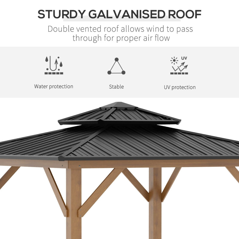 Outsunny 3.5 x 3.5m Outdoor Aluminium Hardtop Gazebo Canopy with 2-Tier Roof and Solid Wood Frame Outdoor Patio Shelter for Patio, Garden, Grey