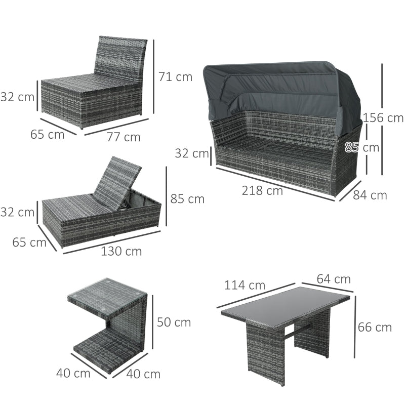 Outsunny 5-Seater Outdoor Rattan Garden Sofa Sets Reclining Sofa Adjustable Canopy & Side Dining Table Set, Mixed Grey