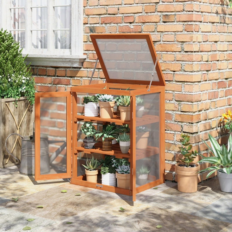 Outsunny 3-tier Wood Greenhouse Garden Polycarbonate Cold Frame Grow House w/ Storage Shelf for Plants, Flowers, Orange