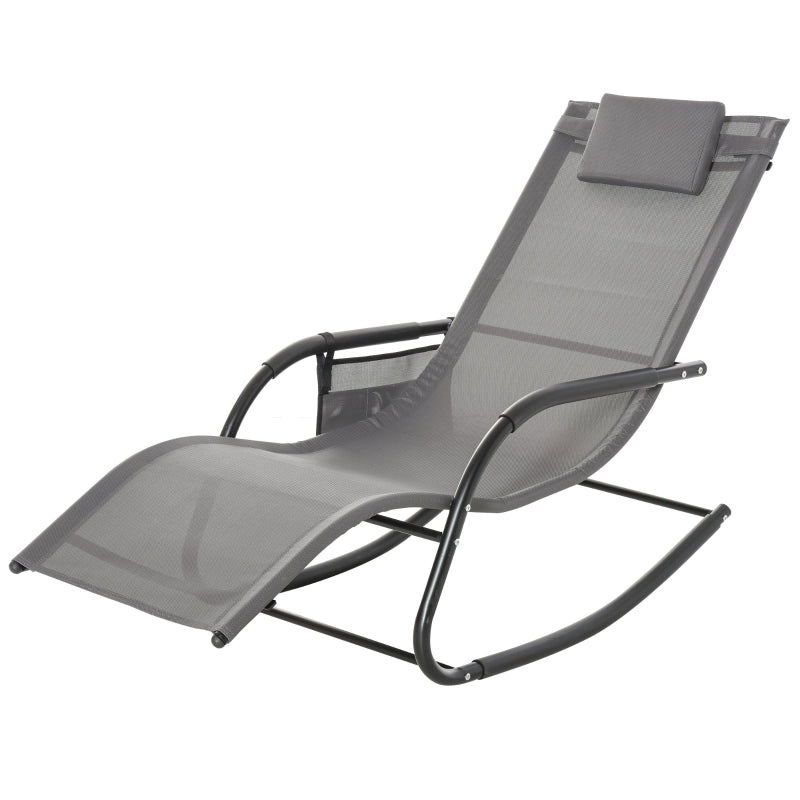 Outsunny Breathable Mesh Rocking Chair Patio Rocker Lounge for Indoor & Outdoor Recliner Seat w/ Removable Headrest for Garden and Patio Grey