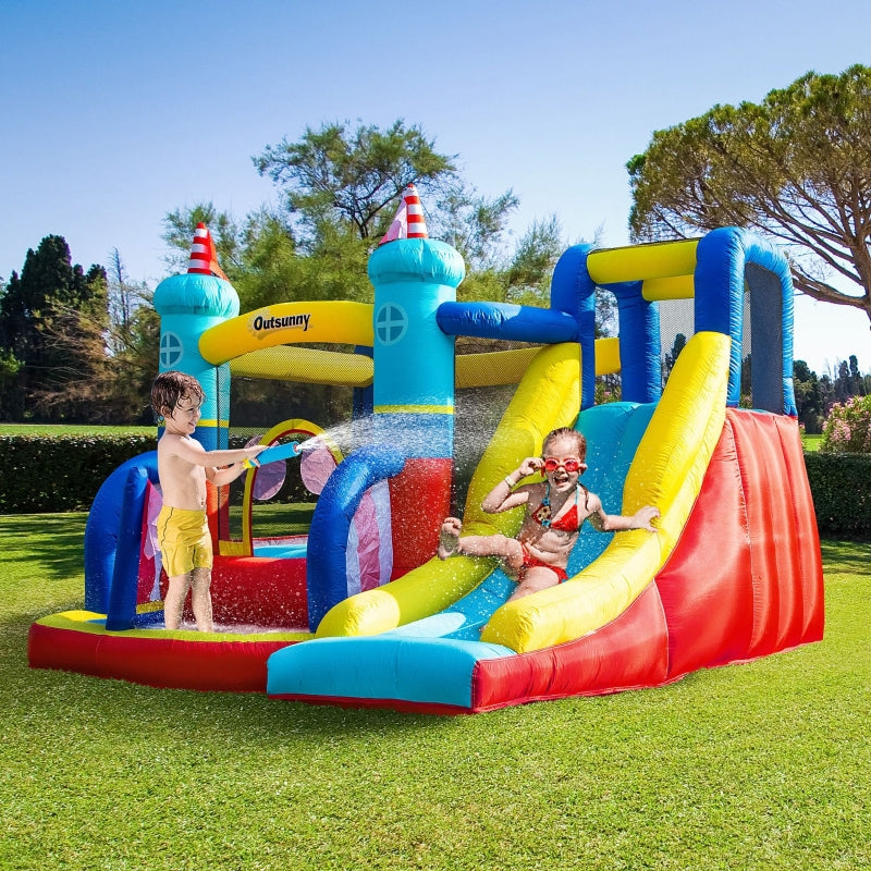 Outsunny 4 in 1 Kids Bounce Castle Large Sailboat Style Inflatable House Slide Trampoline Water Pool Climbing Wall for Kids Age 3-8, 2.65 x 2.6 x 2m