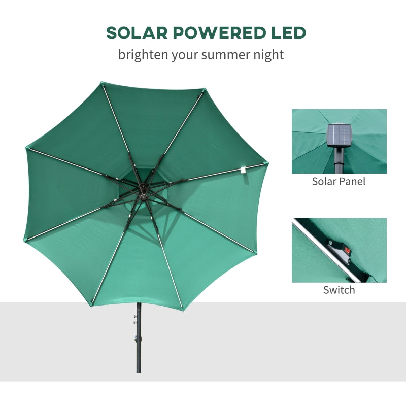 Outsunny 3(m) Cantilever Parasol Banana Hanging Umbrella with Double Roof, LED Solar lights, Crank, 8 Sturdy Ribs and Cross Base Green