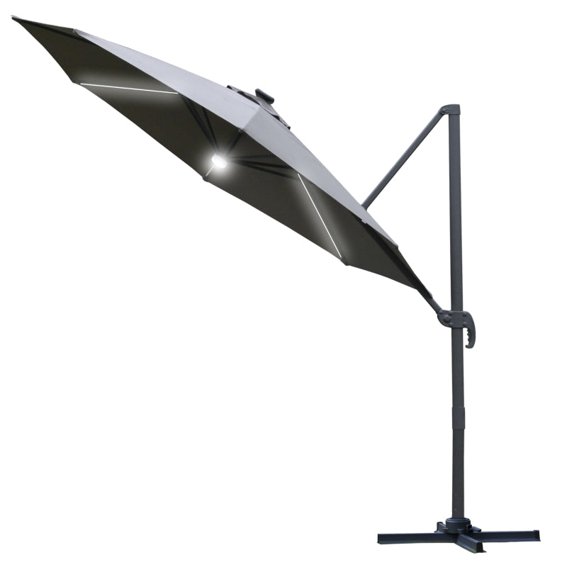 Outsunny 3(m) Cantilever Roma Parasol Garden Sun Umbrella Outdoor Patio with LED Solar Light Cross Base 360° Rotating, Grey