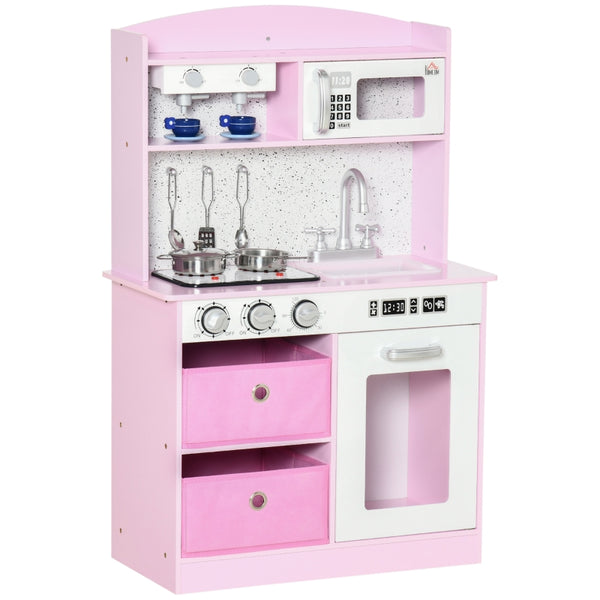 HOMCOM Wooden Play Kitchen with Lights and Sound, Kids Kitchen Playset with Coffee Maker Microwave Sink Utensils Storage Bins, Pretend Role Play Pink