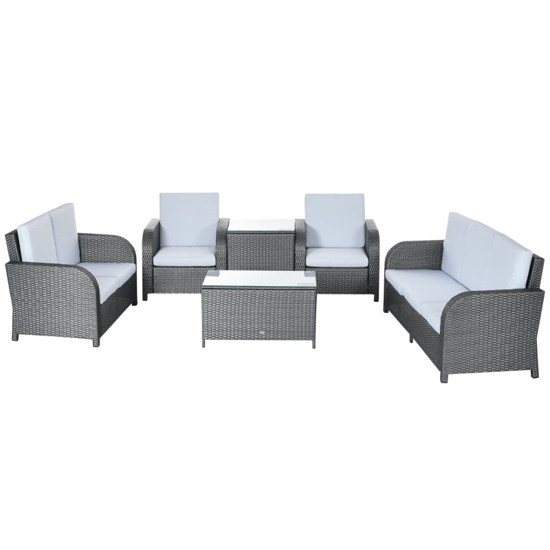 Outsunny 7 Seater Outdoor Rattan Garden Furniture Sets with Wicker Sofa, Reclining Armchair and Glass Table, Grey