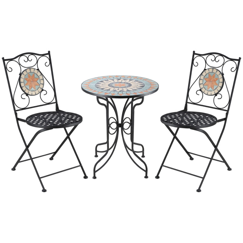 Outsunny 3 Piece Garden Bistro Set, Folding Patio Chairs and Mosaic Round Tabletop for Outdoor, Metal, Balcony, Poolside, Light Blue