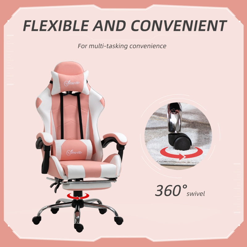 Vinsetto Racing Gaming Chair with Lumbar Support, Head Pillow, Swivel Wheels, High Back Recliner Gamer Desk Chair for Home Office, Pink