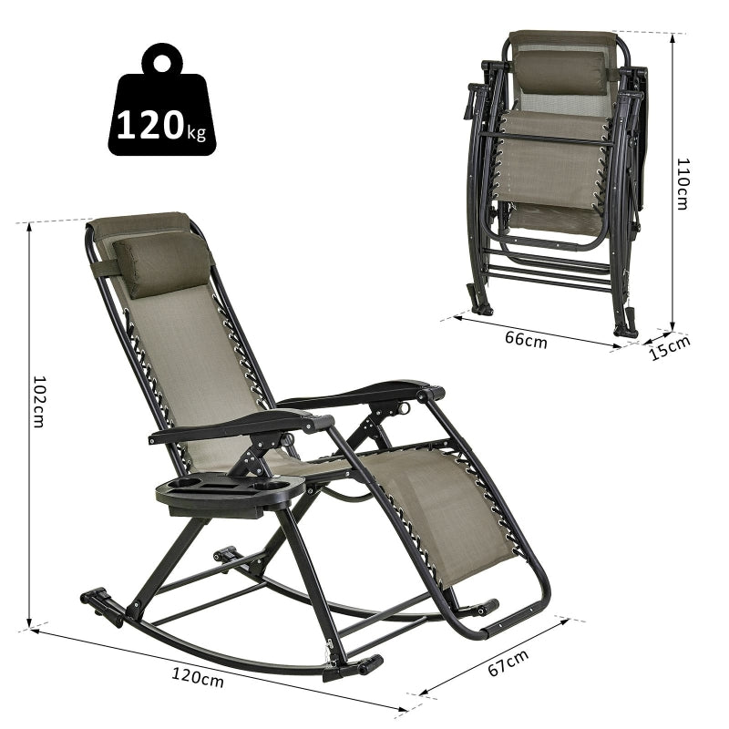 Outsunny Garden Rocking Chair Folding Recliner Outdoor Adjustable Sun Lounger Rocker Zero-Gravity Seat with Headrest Side Holder Patio Deck - Grey