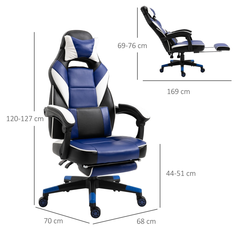 Vinsetto Cool & Stylish Gaming Chair Ergonomic Recliner w/ Thick Padding Footrest Neck & Back Pillow 5 Wheels Racing Swivel Height Adjustable Blue