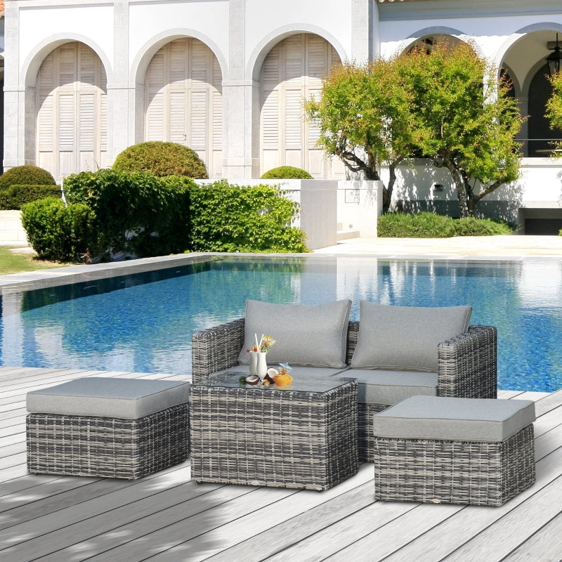 Outsunny 2 Seater Rattan Garden Furniture Set w/ Tall Glass-Top Table Aluminium Frame Balcony Sofa, Mixed Grey