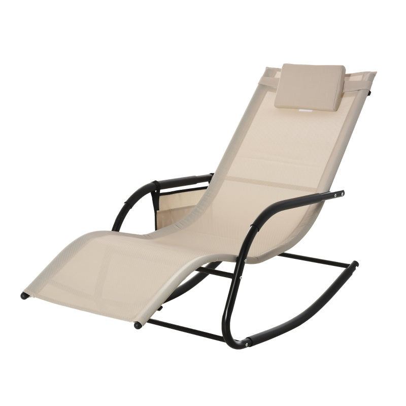 Outsunny Breathable Mesh Rocking Chair Patio Rocker Lounge for Indoor & Outdoor Recliner Seat w/ Removable Headrest for Garden and Patio Cream White