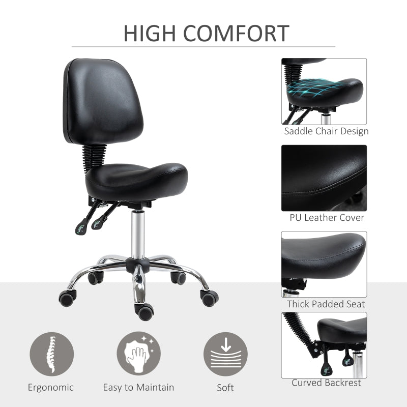 HOMCOM Saddle Stool, PU Leather Adjustable Rolling Salon Chair for Massage, Spa, Clinic, Beauty and Tattoo, Black