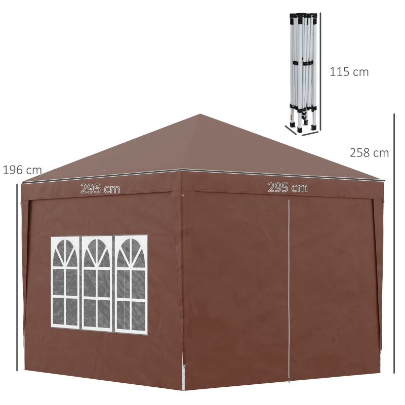 Outsunny 3 x 3m Pop Up Gazebo, Wedding Party Canopy Tent Marquee with Carry Bag and Windows, Coffee