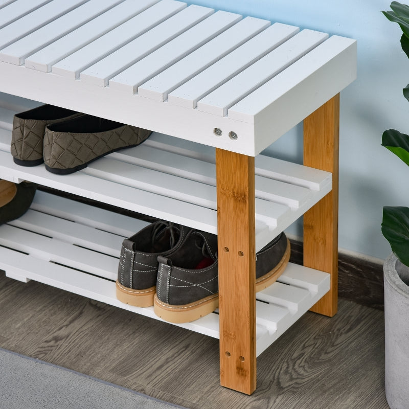 HOMCOM Shoe Bench, 3-Tier Wooden Shoe Rack with Hidden Storage Compartment, Slatted Shelves, Home Storage Unit, Natural, 90L x 29W x45H cm