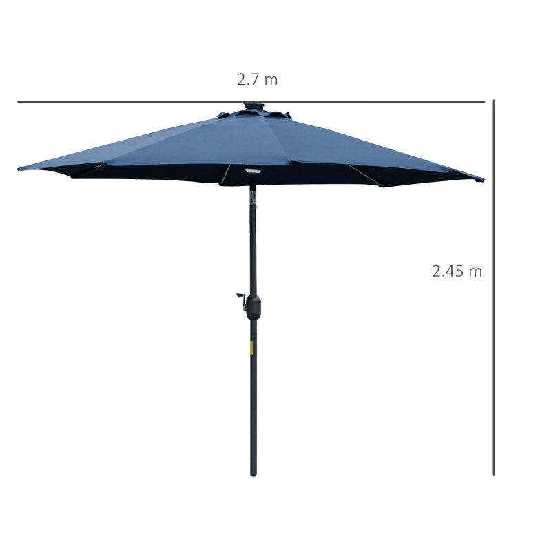 Outsunny 2.7m Garden Parasol Sun Umbrella Patio Summer Shelter w/ LED Solar Light, Angled Canopy, Vent, Crank Tilt, Blue